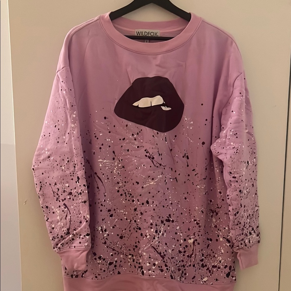 Wildfox Pink Bite My Lip Rolling Stones Graphic Oversized Super Soft Sweatshirt